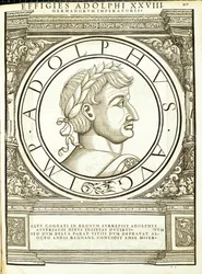 Adolphus, kuvitus teoksesta "Kaiken idän ja lännen Rooman keisarit", Rudolph Wyssenbachin puupiirros, Andreas Gesner, Zürich, 15